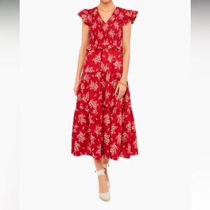 Sea NY EXCLUSIVE RED ALESSIA PRINT SMOCKED TIERED MIDI DRESS